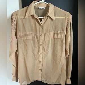 Vintage 80's Neutral Sheer Poet Sleeve Pleated Button Blouse Size M/L